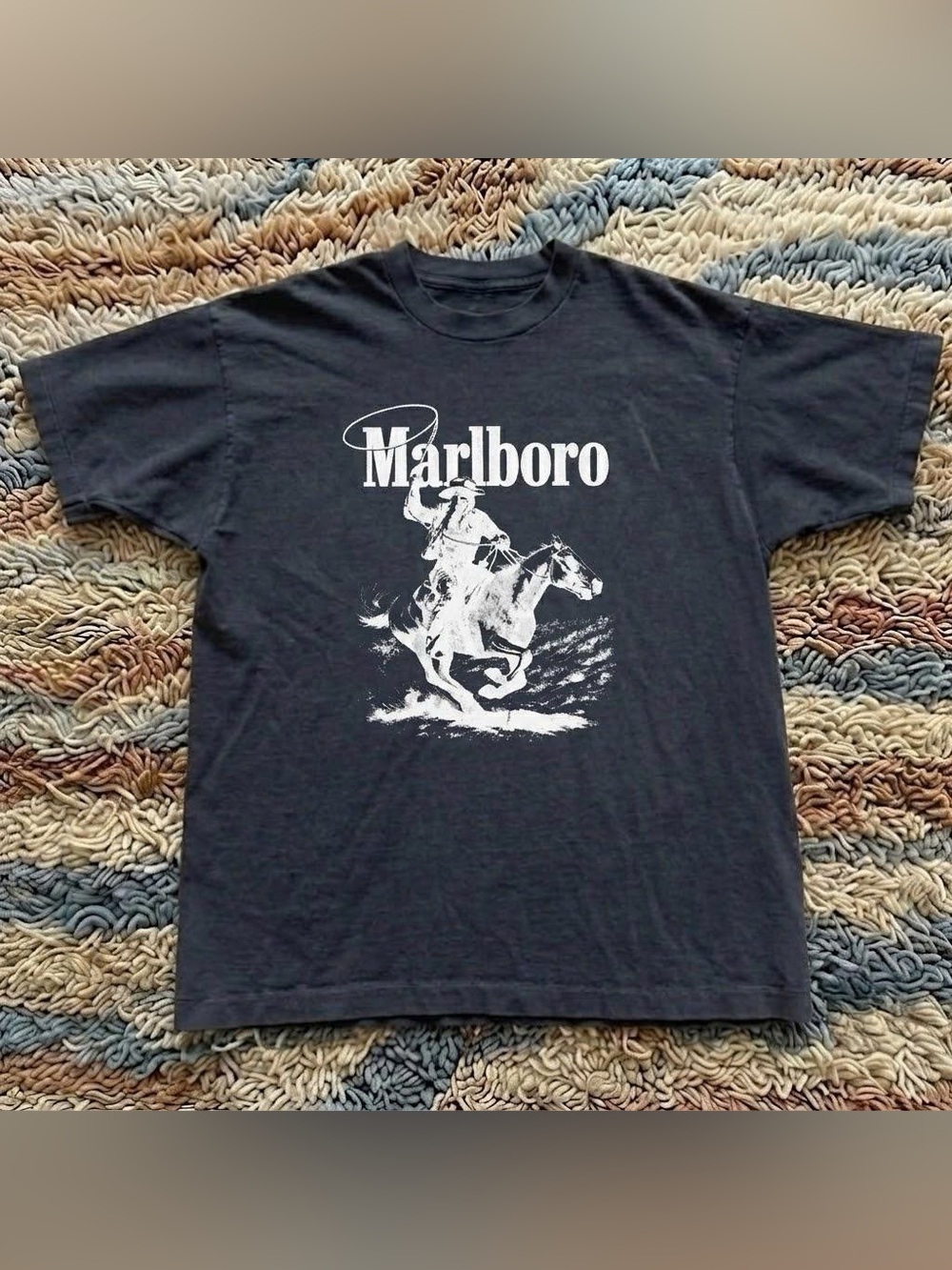 Vintage Black Tee with White Marlboro Cowboy Graphic